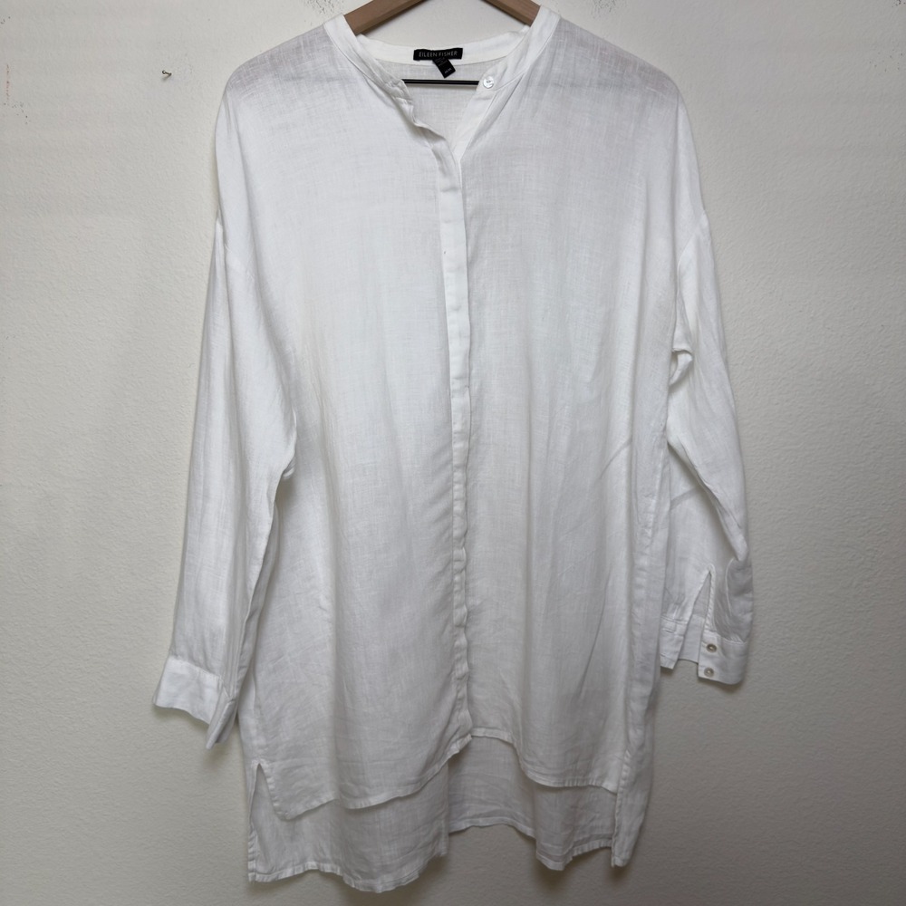 Eileen Fisher Women 100% Organic Linen Top White Medium Lagenlook Coastal‎ Tunic